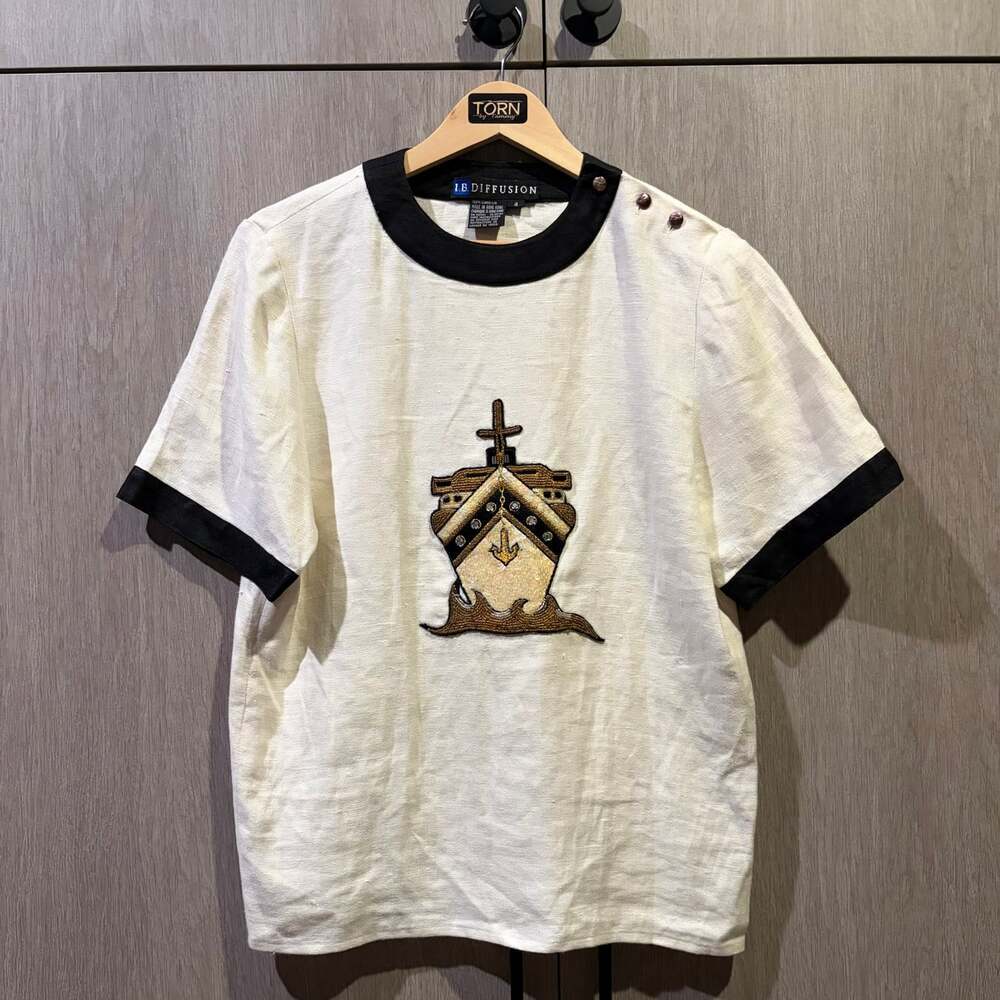 I.B. Diffusion 100% Linen Nautical Ship Embroidered Top Size 4 Ivory Black